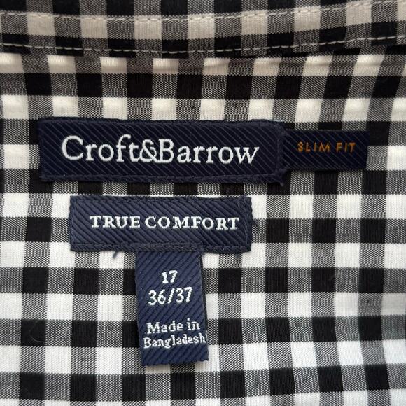 Croft & Barrow Size 17 Gingham Check Shirt Black & White Long Sleeve Button-Up - Picture 7 of 10